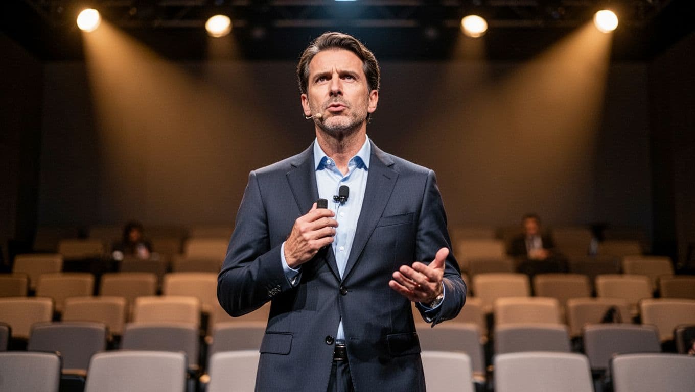 Confident male executive on corporate stage pauses mid-speech with subtle exhale, holding lapel mic relaxedly in one hand and gesturing naturally with the other, blurred audience background under warm spotlights, realistic photo.