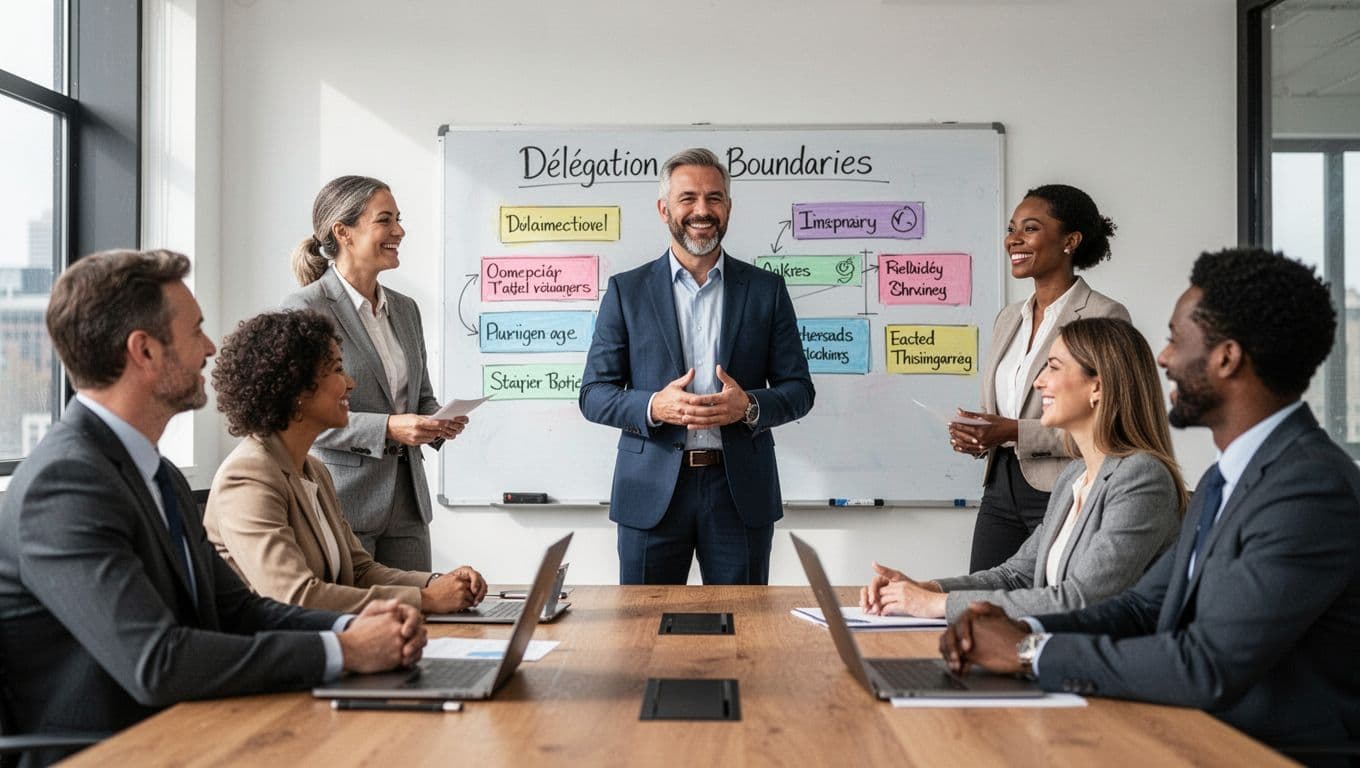 A confident leader delegates clear tasks to a relaxed, focused team of exactly four people during a stand-up meeting in a bright conference room with natural lighting and a whiteboard.