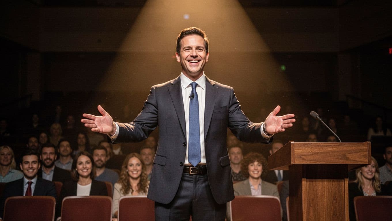 A confident male presenter in business attire stands center stage under a warm spotlight, smiling warmly with open posture and natural forward gestures, maintaining engaging eye contact with a blurred small audience of 5-6 attentive faces in a dim auditorium, wooden podium nearby.