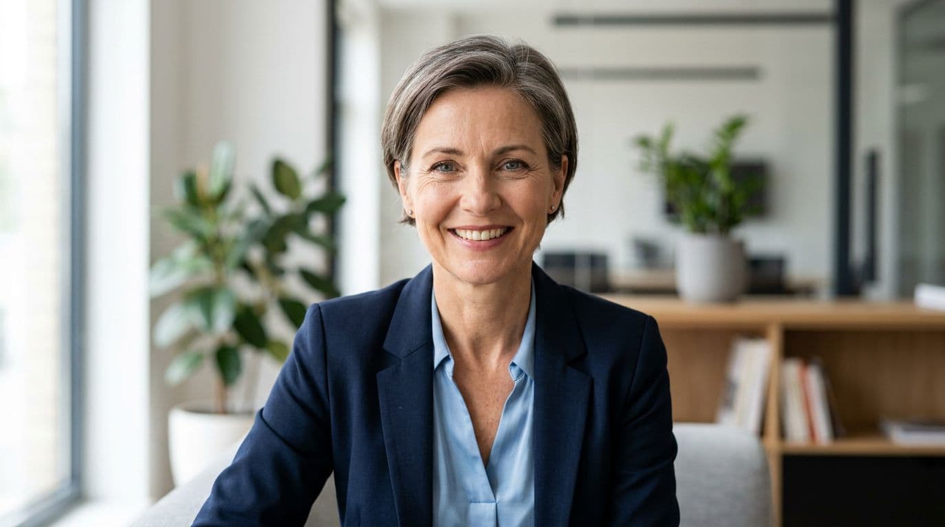 Head and shoulders portrait of one confident middle-aged business founder smiling naturally with direct eye contact in a clean modern office with neutral background and soft natural lighting.