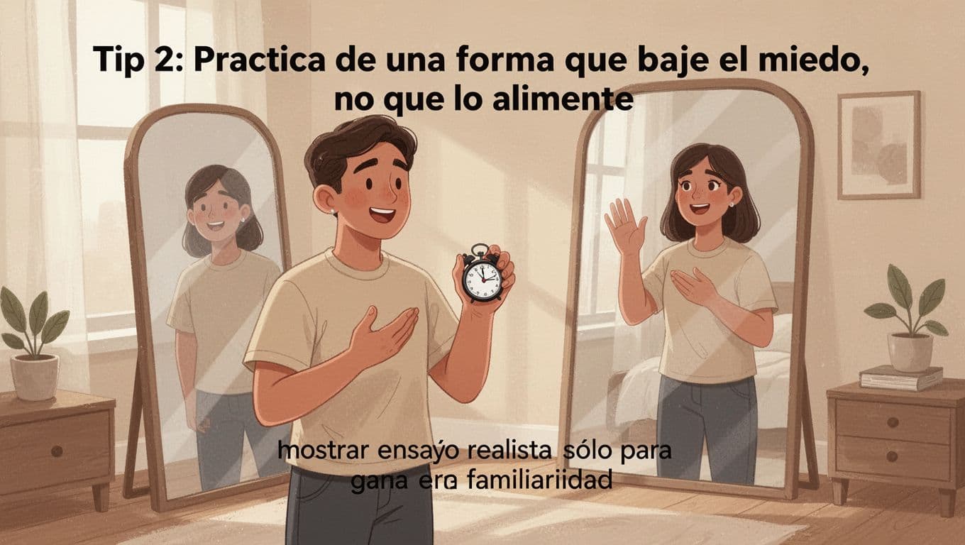 A person confidently practices a presentation in front of a mirror in a bright room, holding a stopwatch, in a modern illustration style with clean shapes and warm neutral colors.