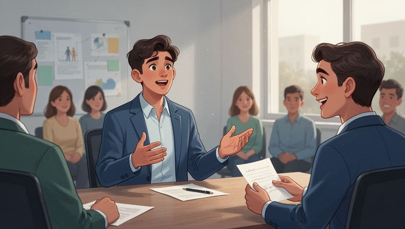 Modern illustration of a young professional speaking confidently with relaxed open posture, deliberate gestures, and eye contact with a foreground listener in a small office meeting, blurred background audience, natural light.