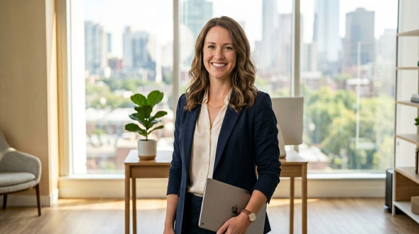 Half-body personal branding portrait of a confident realtor woman in business casual, standing in a modern office with large windows, holding a tablet loosely with an authentic smile.