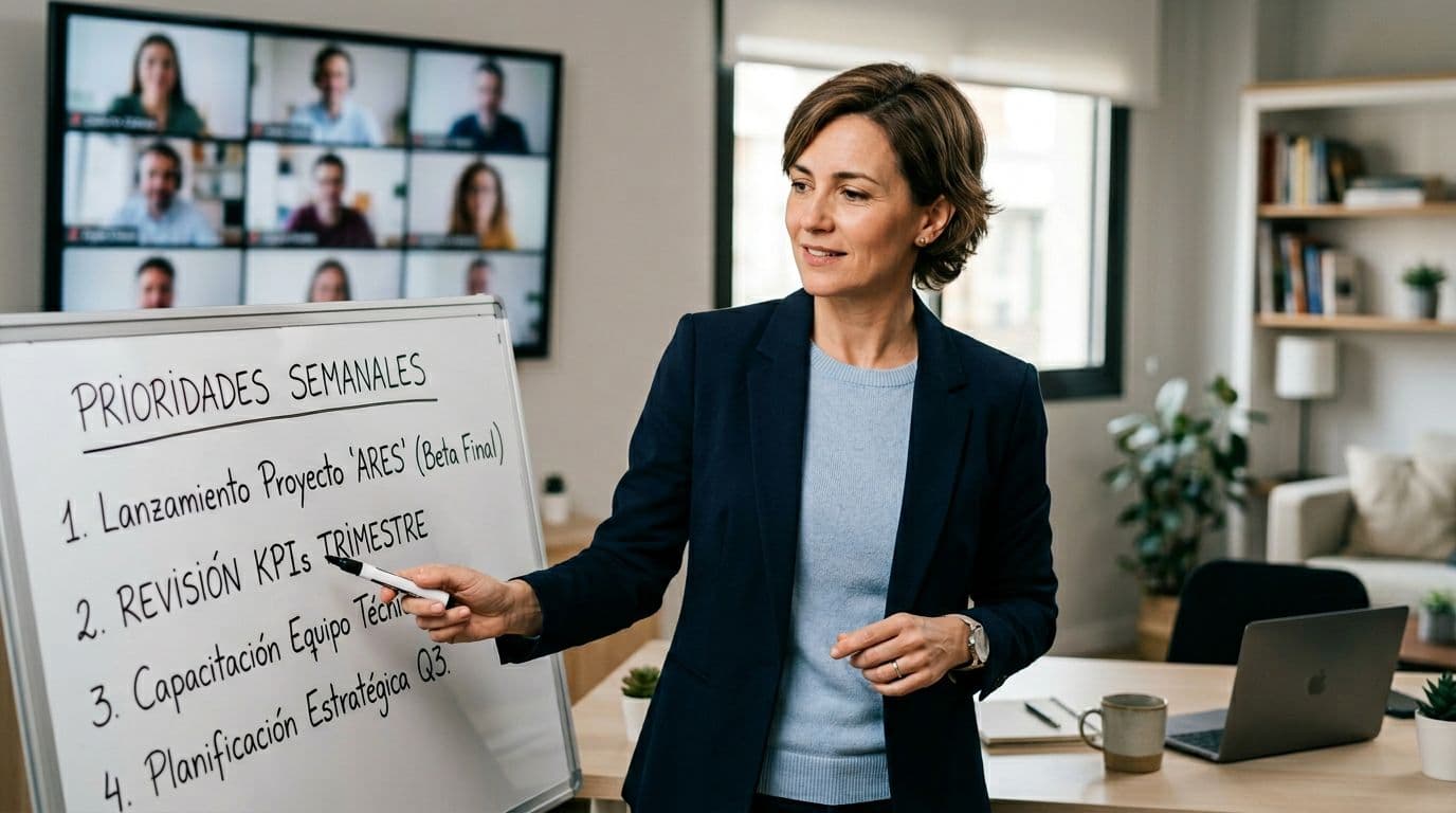 Calm team leader points to whiteboard with clear priorities during video call, blurred remote team on small screens in background, tidy desk, confident expression, realistic corporate style.