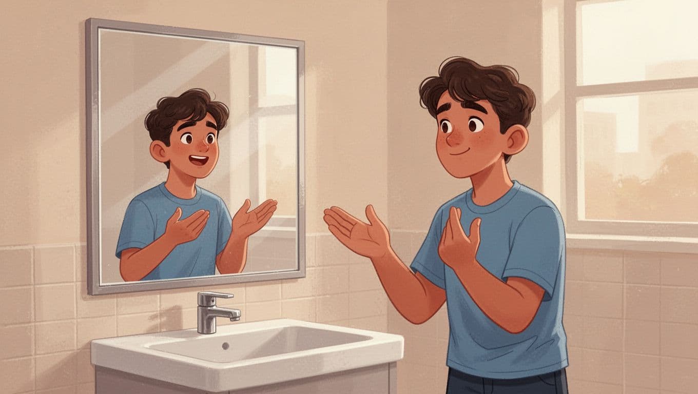 A young person stands in front of a simple bathroom mirror, practicing a speech with a confident gesture, natural hand movement, determined yet relaxed expression, under soft morning light in a modern illustration with clean shapes and warm colors.