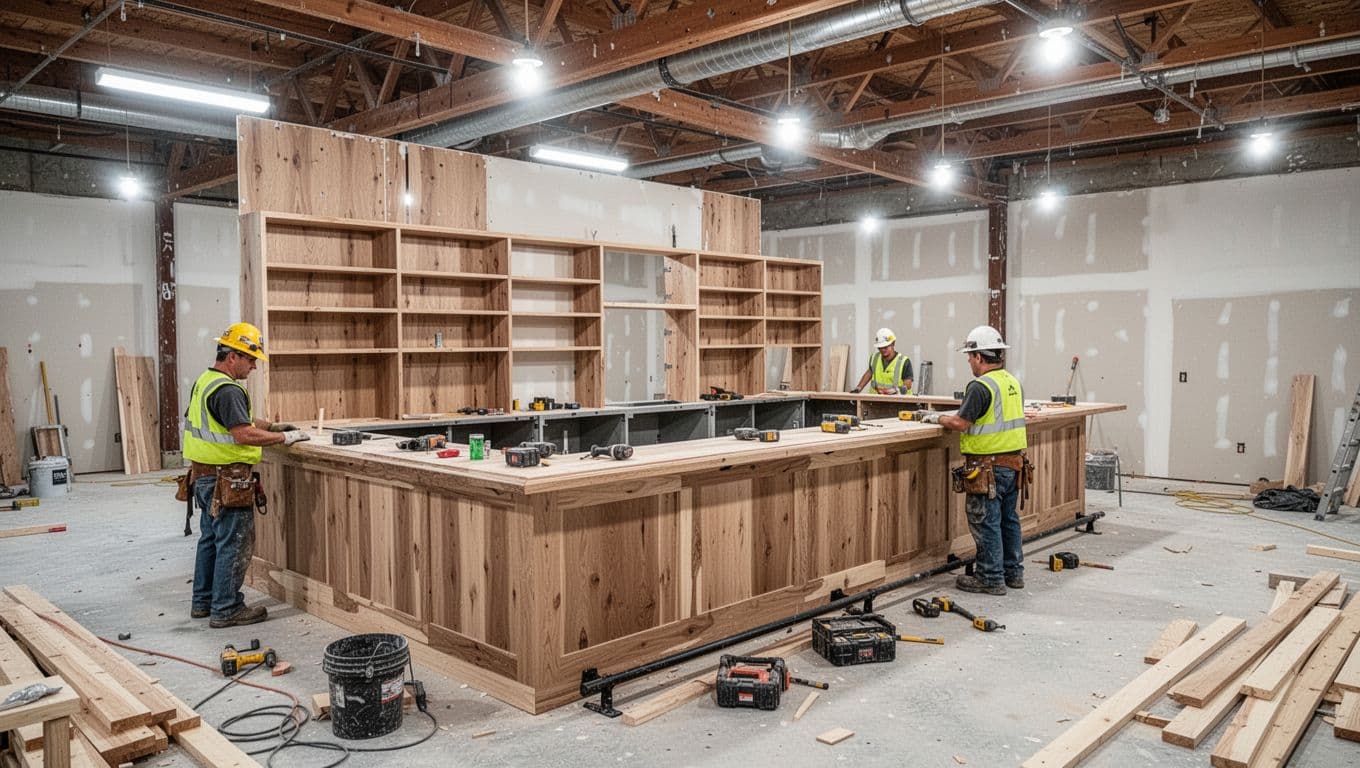 Two construction workers in safety gear install a wooden bar counter and shelves in an empty room with exposed beams, tools and materials scattered around under bright industrial lighting.