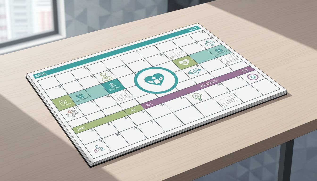 Modern illustration of a yearly calendar planner on a desk featuring icons for wellness activities like workshops, app sessions, and team events in a corporate setting. Central marked months with balanced life symbols in vibrant soothing colors highlighted in #14B8A6, landscape view with natural daylight lighting.