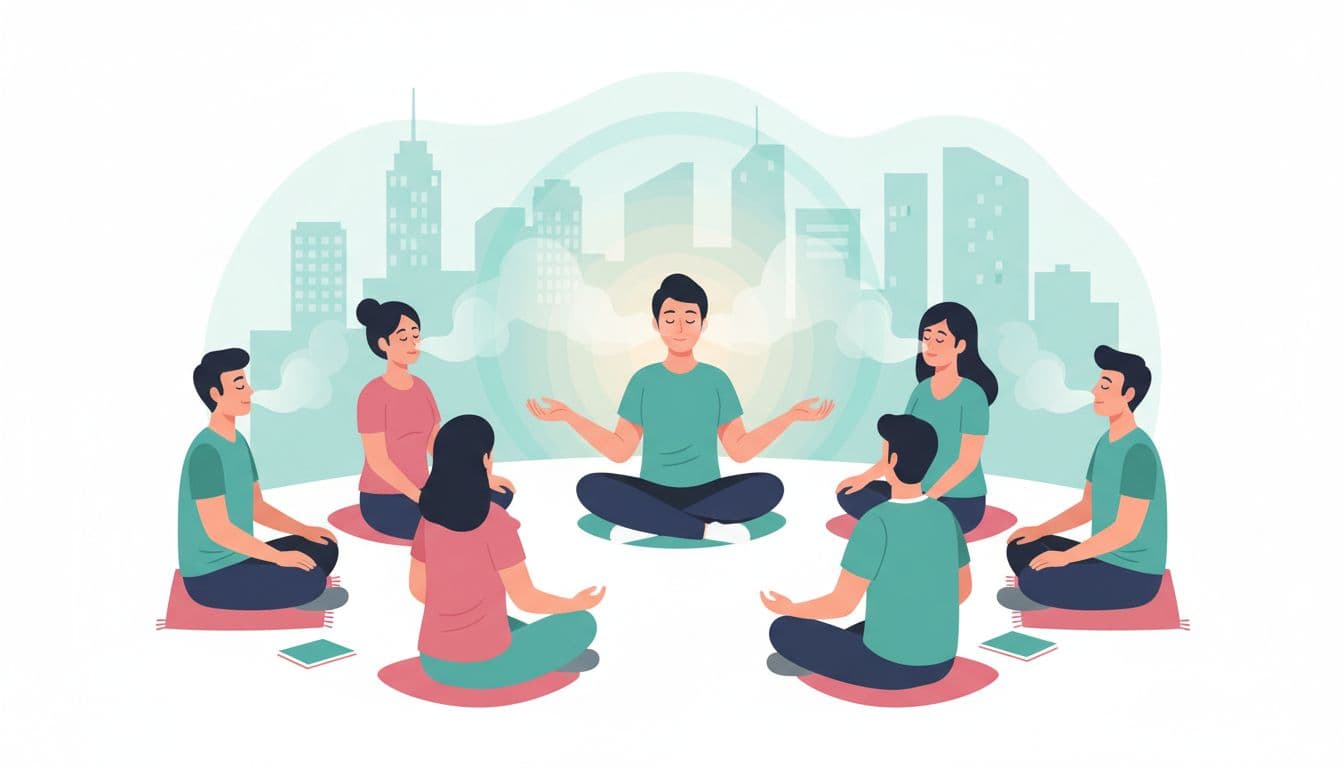 Grupo de ocho empleados sentados en círculo en taller de breathwork en oficina corporativa de CDMX con skyline de fondo, facilitador en centro guiando respiración sincronizada con ojos cerrados y ambiente acogedor.
