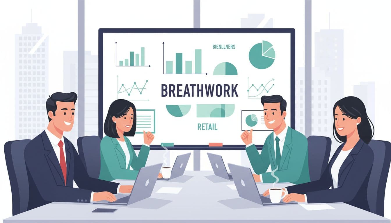 Four executives—two women, two men—in Mexico City office discuss breathwork around table with laptops, coffee, and wellness graphs on whiteboard.