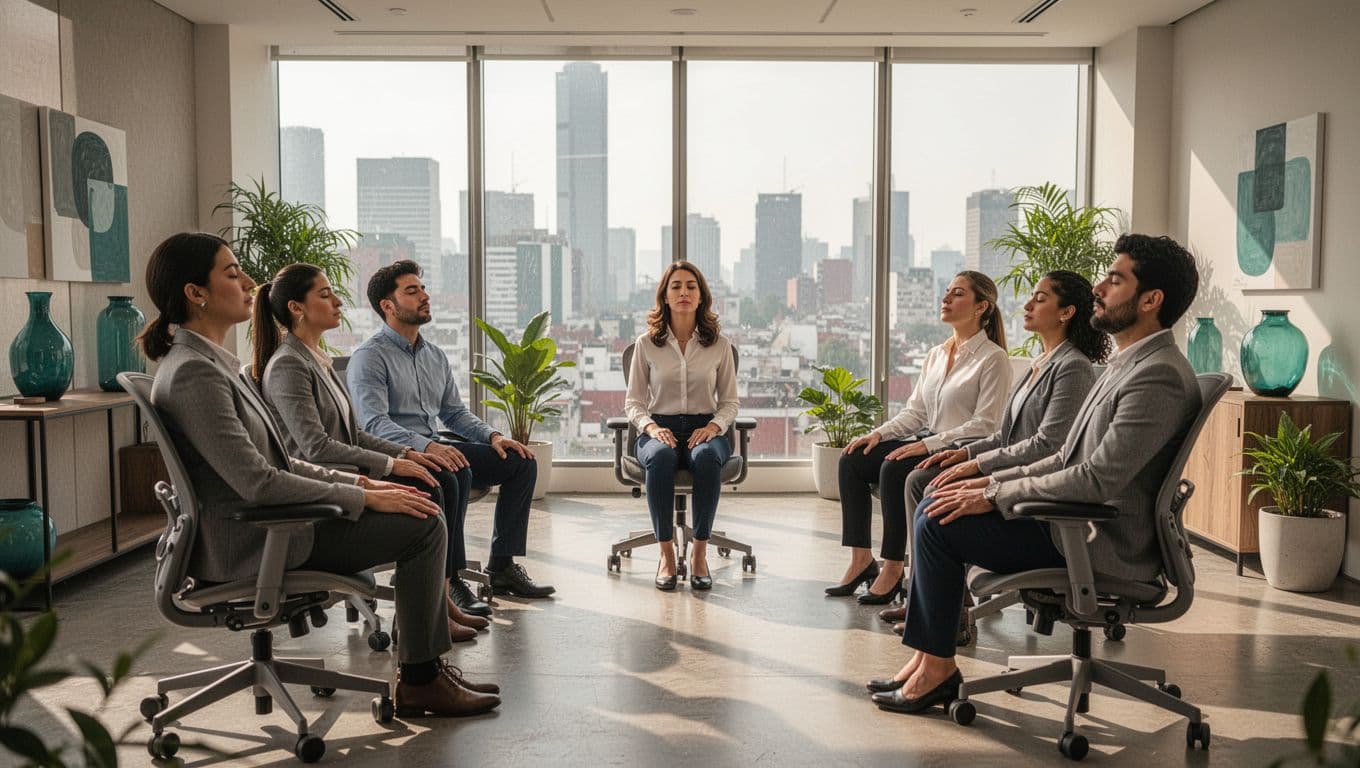 Equipo corporativo de seis personas en un taller de respiración guiada en una luminosa oficina de CDMX, sentados en círculo en sillas ergonómicas con ojos cerrados y manos relajadas, facilitador joven al centro en ambiente moderno minimalista con plantas y vista skyline.
