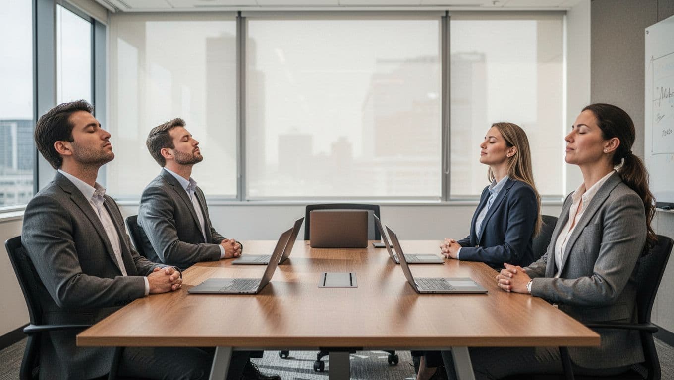 A small group of exactly four professionals sits relaxed in a corporate meeting room, eyes closed practicing synchronized breathing during a short pause, hands in laps, calm expressions, closed laptops on table, natural light, wide composition showing unity and collective focus in realistic photographic style.