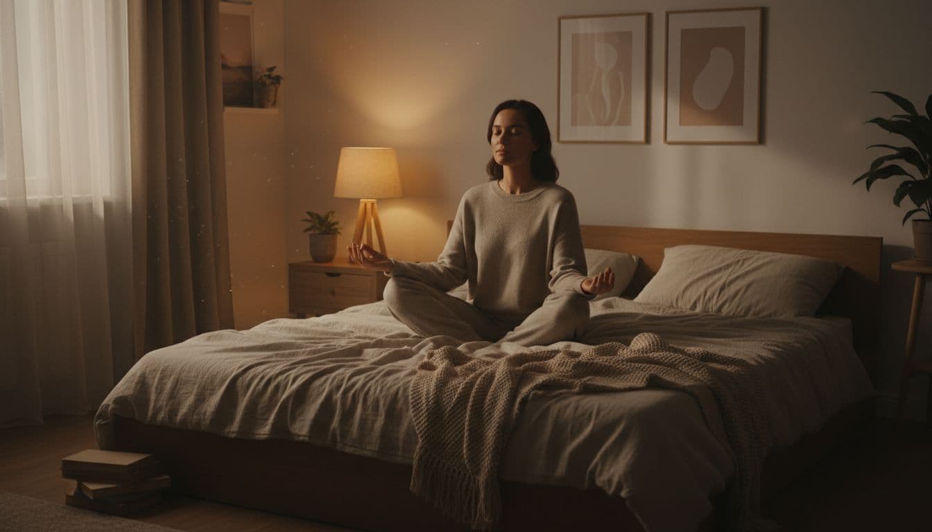 A serene evening scene in a cozy bedroom where one person sits cross-legged on the bed with eyes closed and hands relaxed on knees, engaged in a peaceful breathing exercise under soft lamp light with warm tones and rumpled sheets.