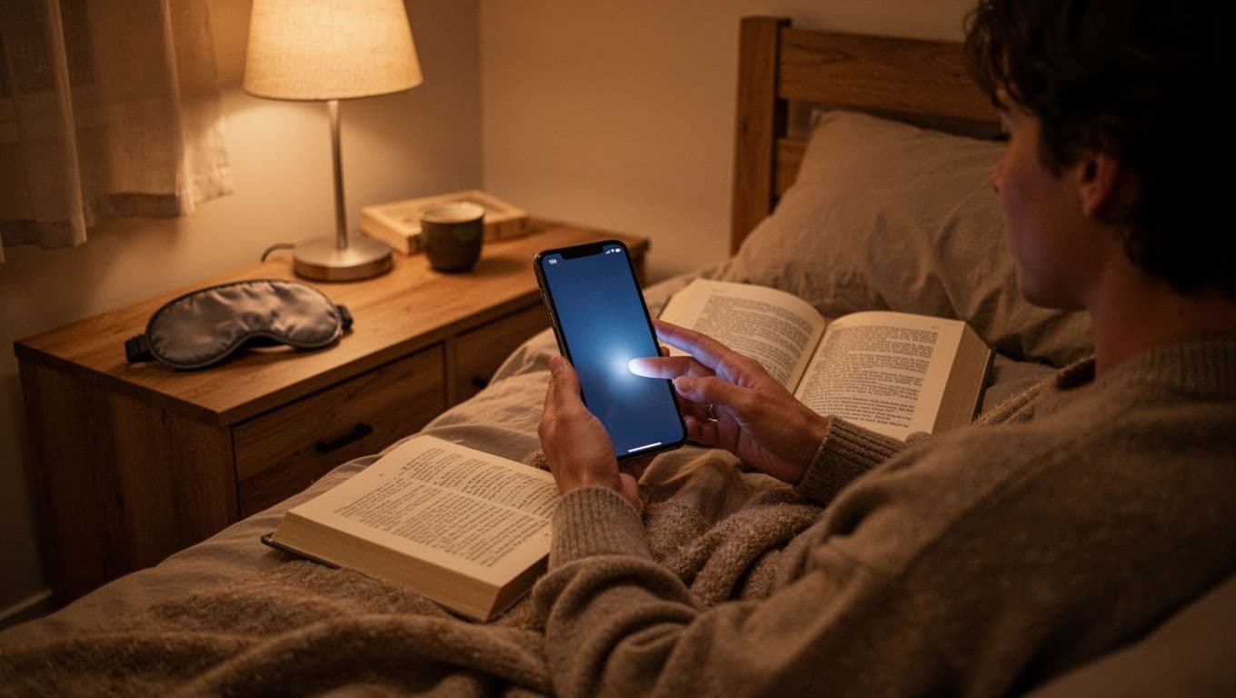 A relaxed person partially visible from the back turns off their phone screen in a cozy bedroom during evening wind-down, with dim warm lighting, a book nearby on the bed, and an eye mask on the nightstand in realistic style.