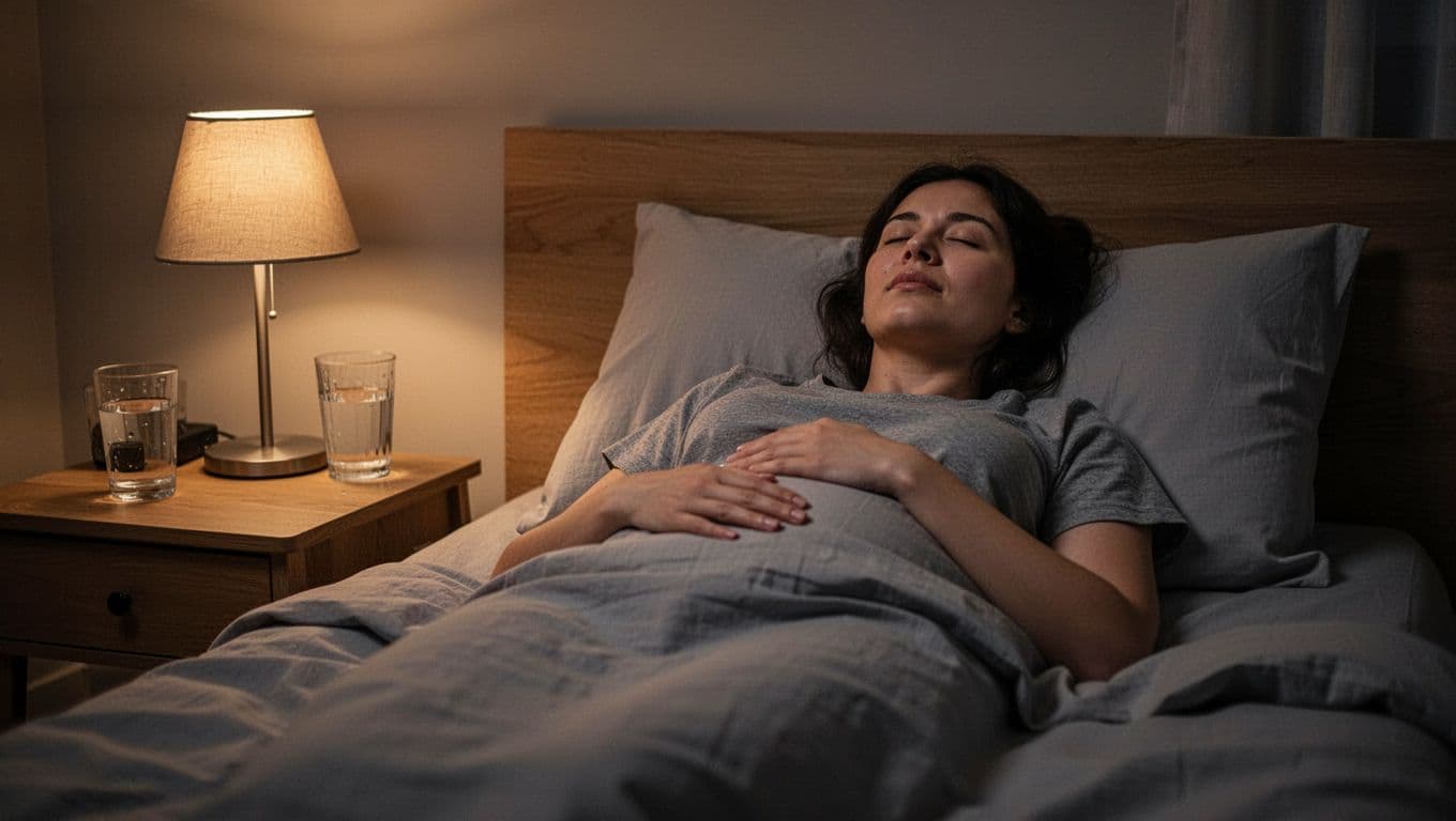 Cozy nighttime bedroom with a person lying in bed, hands on belly, eyes closed, practicing resonant breathing under dim lamp light for restful sleep. Peaceful mood with simple bedding and nightstand water glass.