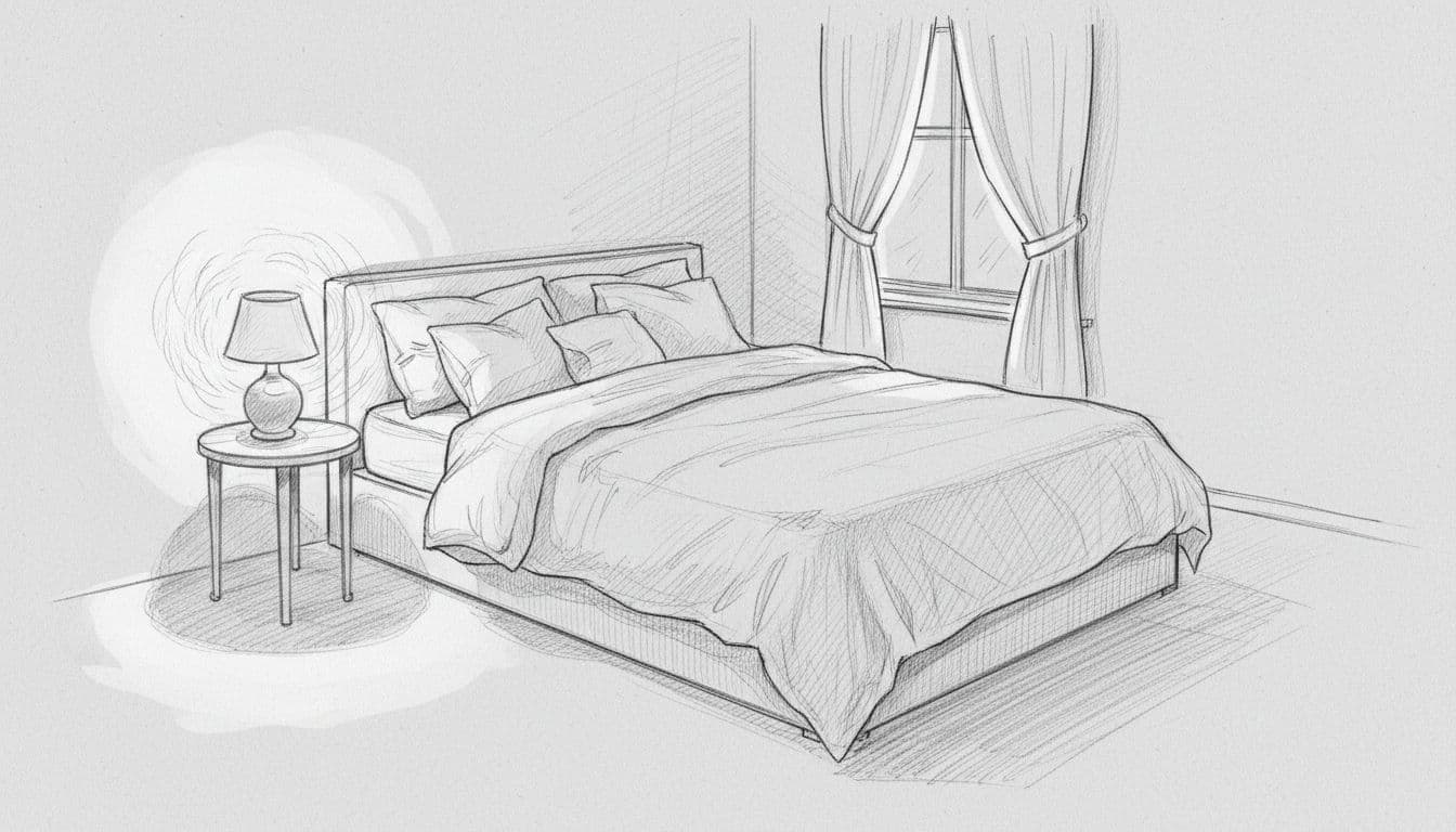 Hand-drawn graphite sketch of a cozy bedroom with bed and pillows, dim bedside lamp lighting, drawn curtains on window, simple composition on light gray paper background.