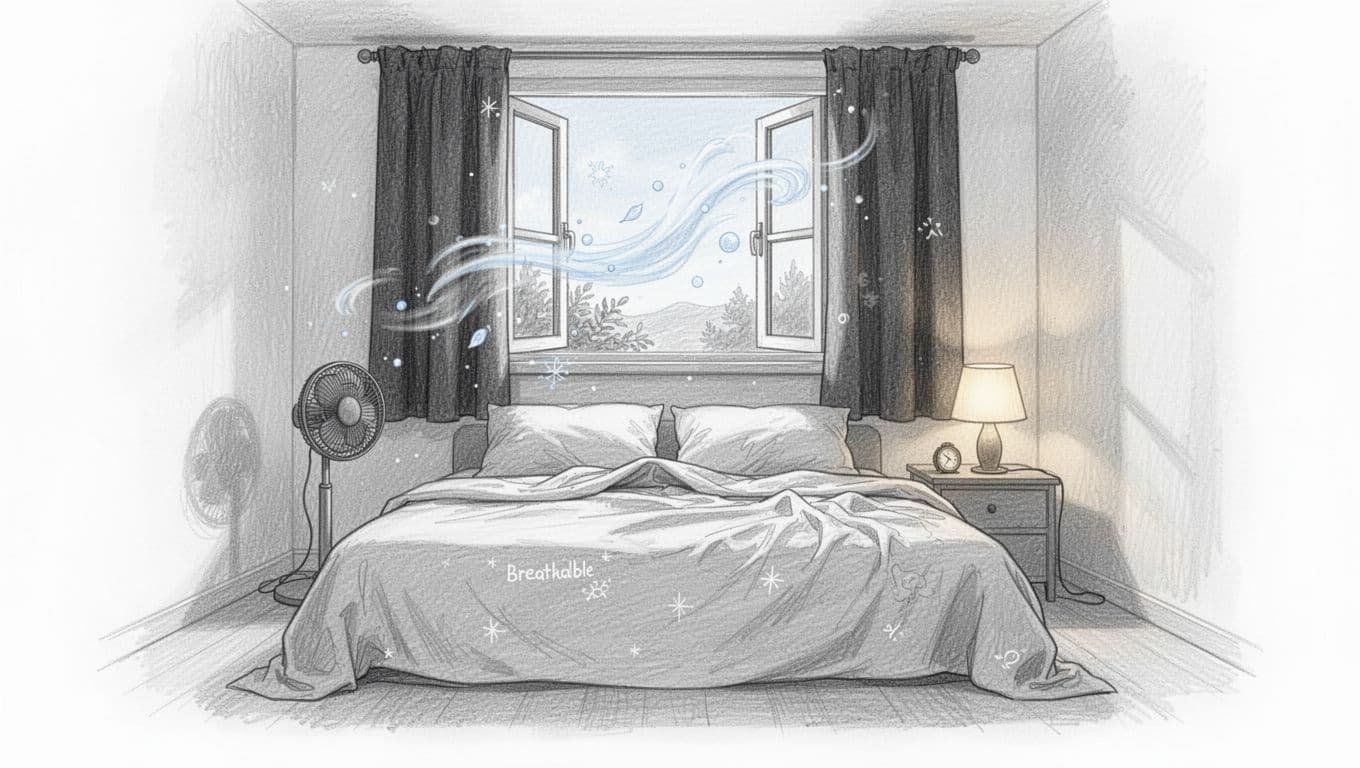 Hand-drawn grayscale sketch of a cozy, empty bedroom optimized for sleep with breathable sheets on the bed, open window for cool air, small fan, blackout curtains, and soft dim lamp light.