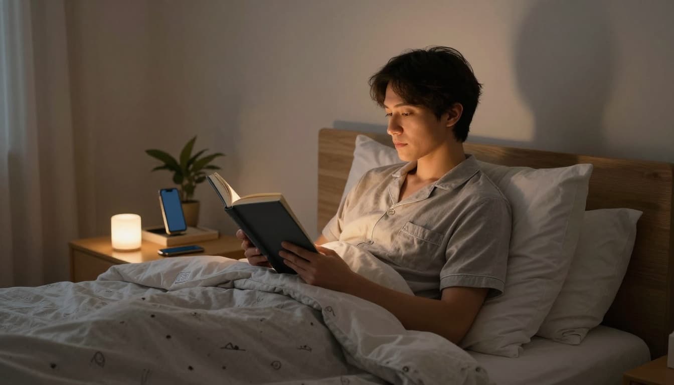 Cozy bedroom interior at bedtime with one adult in comfortable pajamas sitting up on bed holding an open book, illuminated by a soft bedside lamp, smartphone face down on nightstand, relaxed serene atmosphere.