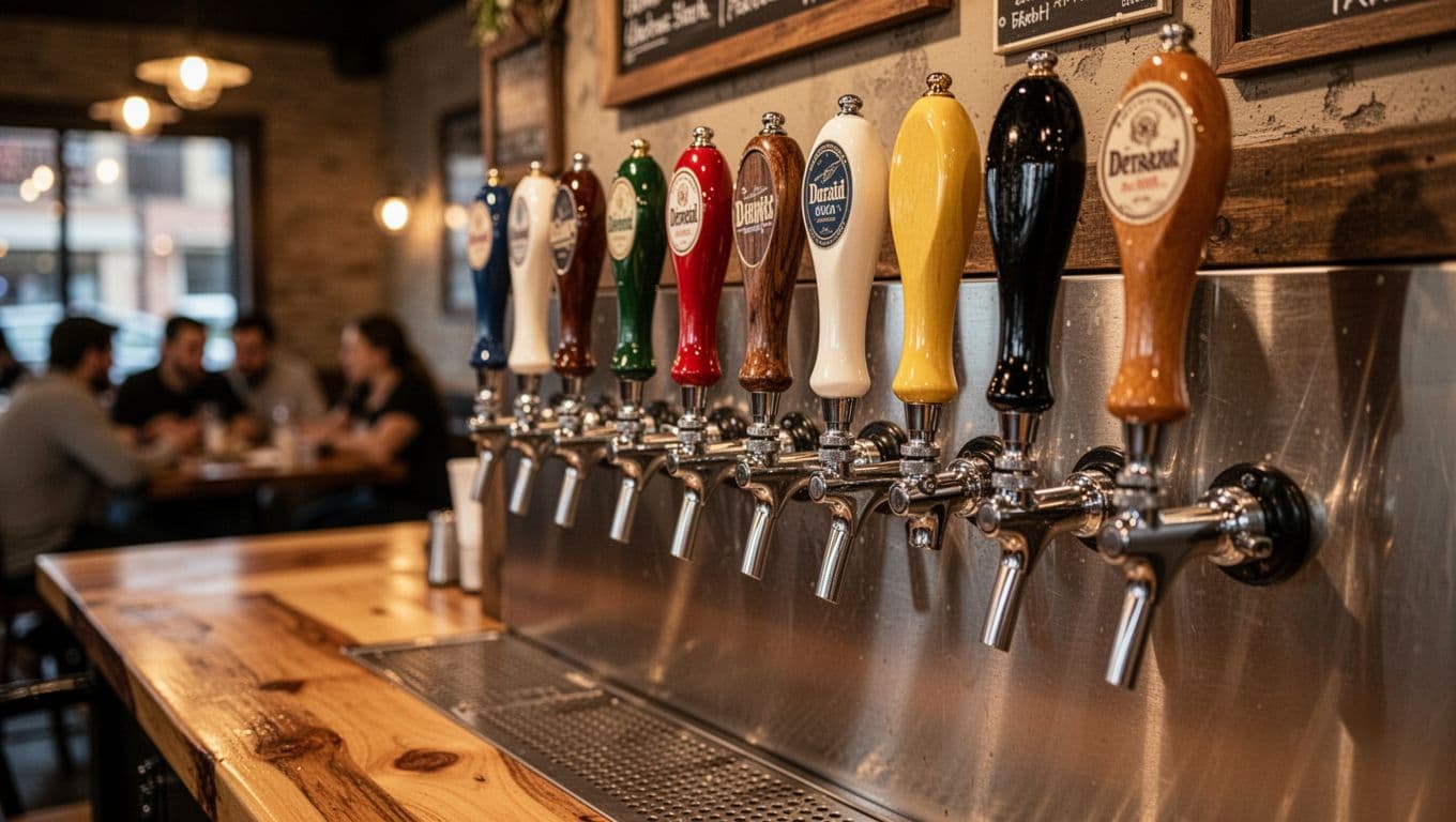 How to Start a Brewery in Florida: From First Idea to First Pour 4 Macro close-up of 8 colorful draft beer taps with handles on a wooden bar top in a cozy brewery taproom, blurred background of patrons at tables under soft warm lighting, realistic high-resolution photography.