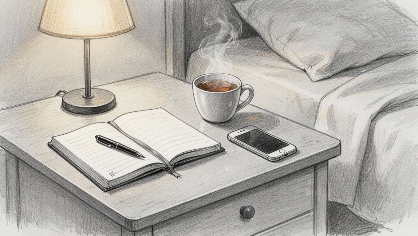 A cozy evening bedroom scene depicting a screen-free wind-down routine with an open journal, pen, cup of tea, face-down phone, and dim lamp on the nightstand. Hand-drawn graphite sketch with light shading on clean white paper background.