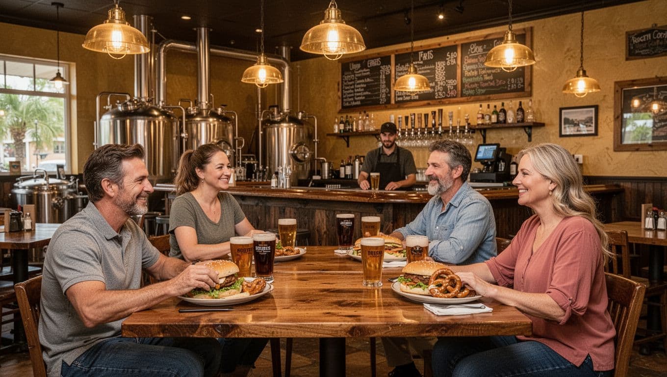 How to Start a Restaurant in Florida (Without Burning Your Savings) 1 Cozy interior of a brewery restaurant in a small Florida town, with exactly four adults in casual clothes enjoying craft beers and pub food like sandwiches and pretzels at wooden tables, one bartender behind the bar, warm golden lighting from hanging lamps, landscape view of bar and seating area.
