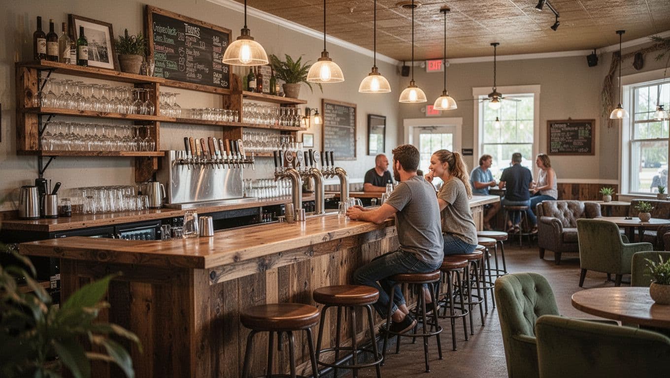 Cozy interior of a craft brewery bar in a small Florida town, featuring a wooden bar counter with stools, shelves of glassware and taps, soft warm lighting from hanging lamps, and exactly two patrons at the bar in an inviting atmosphere.