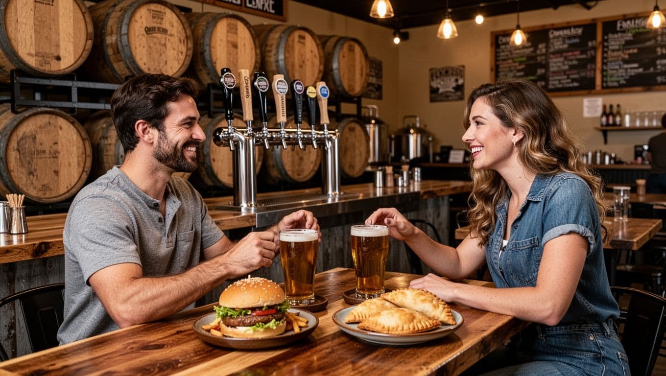 Licencia de licor en Florida: la guía clara para servir, vender y disfrutar (2026) 1 A cozy craft brewery taproom in Florida with wooden barrels, tap handles pouring beer into glasses, and two friends chatting at a table with pub food like burgers and empanadas under warm ambient lighting.