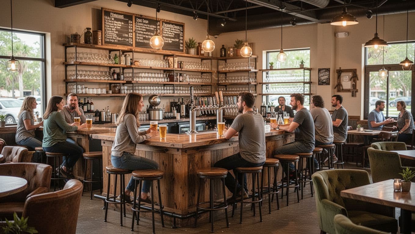 Cozy craft brewery taproom interior in Florida with wooden bar counter, stools, soft warm lighting, exactly two people at the bar chatting over beers, shelves with glassware, and comfortable seating areas in an inviting atmosphere.
