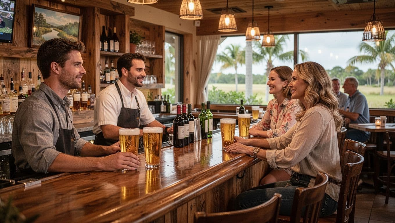 Cozy Florida restaurant bar counter displaying glasses of beer and wine bottles, with exactly three people—one bartender and two seated customers chatting nearby—under soft ambient lighting and wooden decor, captured in a landscape side-angle view.