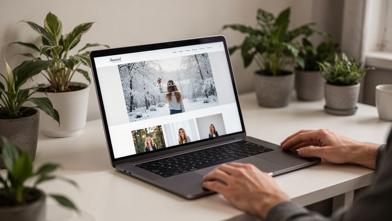 Laptop on modern desk displaying simple clean photography portfolio website homepage at an angle, with photographer's hands resting lightly nearby in cozy office with plants and soft natural light, realistic style.
