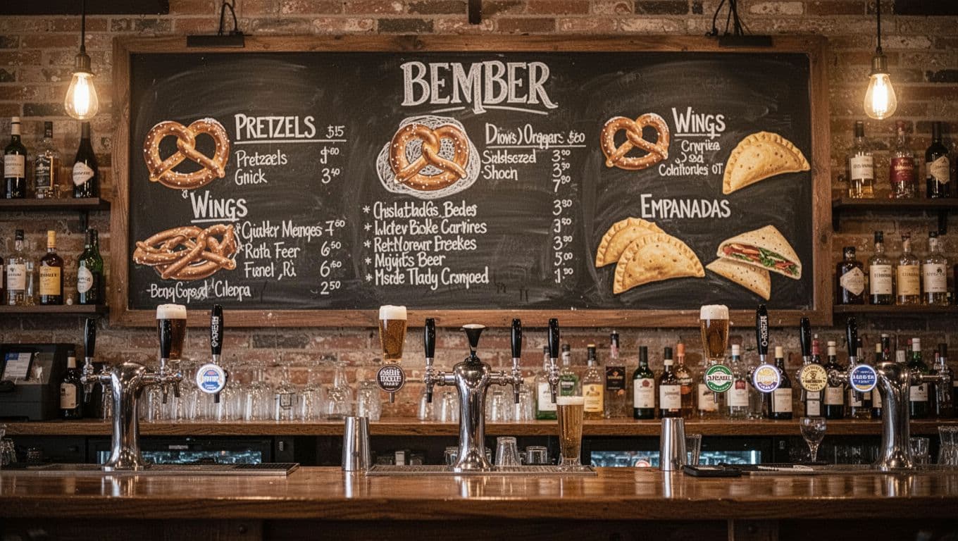 Simple chalkboard-style bar menu board featuring beer and food items like pretzels, wings, and empanadas, mounted on the wall behind the bar in a cozy pub setting with warm lighting and soft focus on the board.