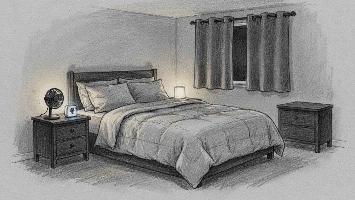 Hand-drawn graphite sketch of a cozy bedroom as a sleep cave, featuring a bed with thick comforter and pillows, blackout curtains, small fan, white noise machine on nightstand, simple dark furniture, and dim ambient glow on light gray paper background.