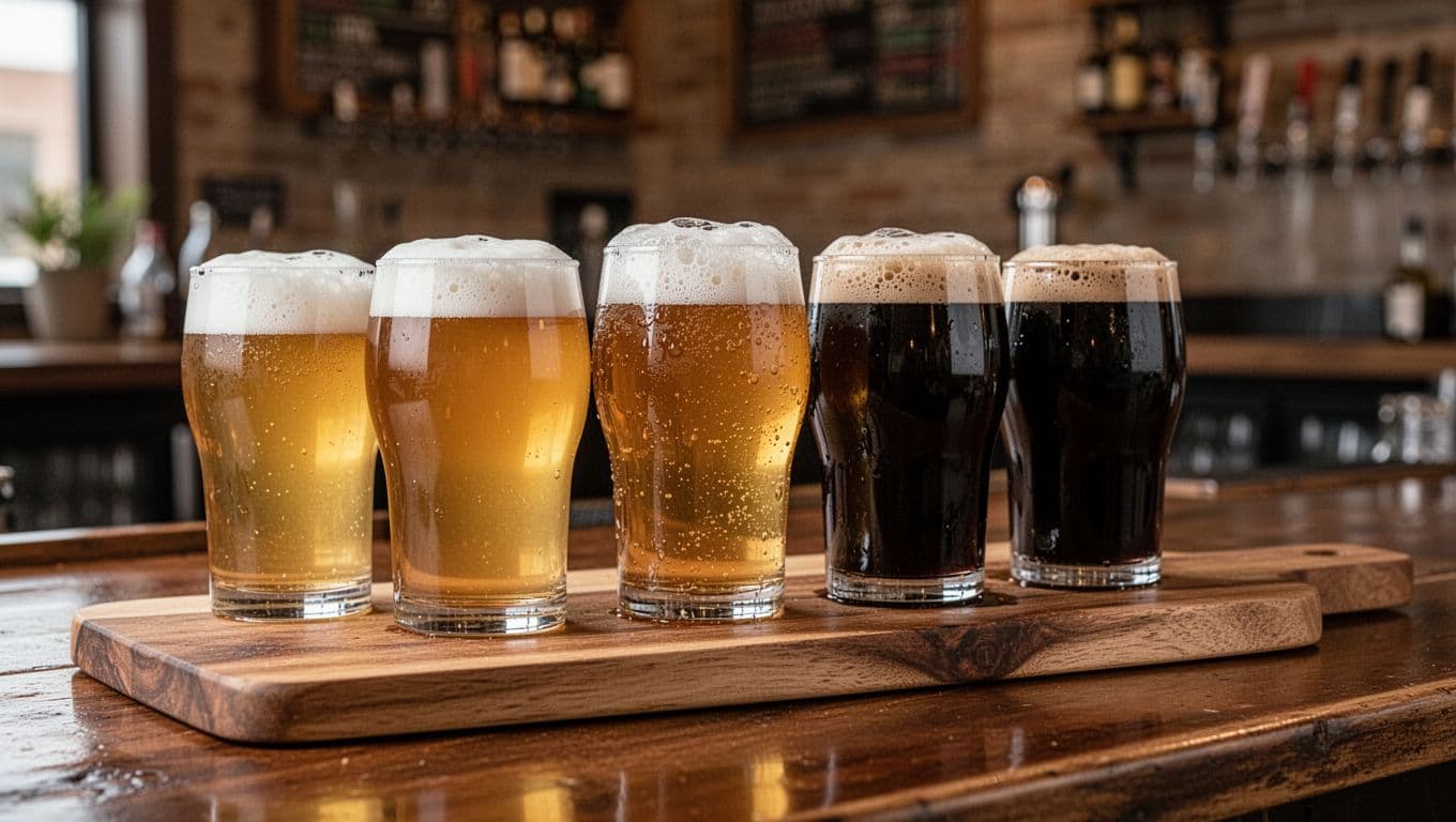 A flight of artisanal beers including clear lager, hazy IPA, and dark stout on a wooden board atop a bar counter, with foam-topped glasses and a blurred cozy taproom background in close-up realistic style.