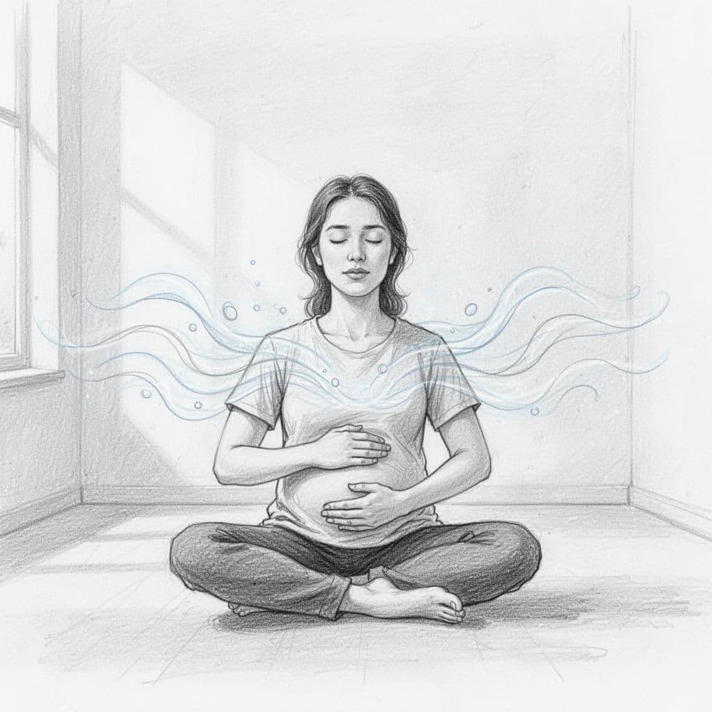 Graphite linework sketch with subtle shading on white background: person sitting cross-legged, eyes closed, hand on belly, calm breathing pose in simple room, soft waves representing breath flow.