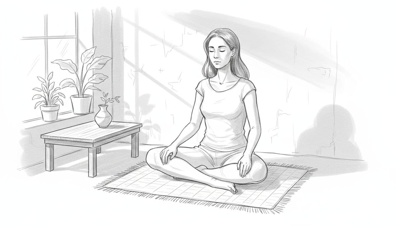 A single person sits cross-legged in a quiet room with eyes closed and hands on knees, practicing deep calm breathing. Hand-drawn graphite sketch style with light shading on a clean white paper background.