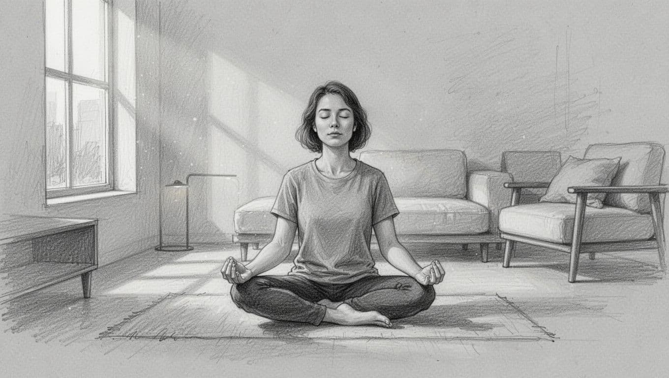 Hand-drawn graphite sketch of one person sitting cross-legged on the floor in a simple modern living room, eyes closed, hands on knees, relaxed shoulders, calm expression during deep breathing exercise, soft natural light, minimal furniture, monochromatic grays on light gray paper.