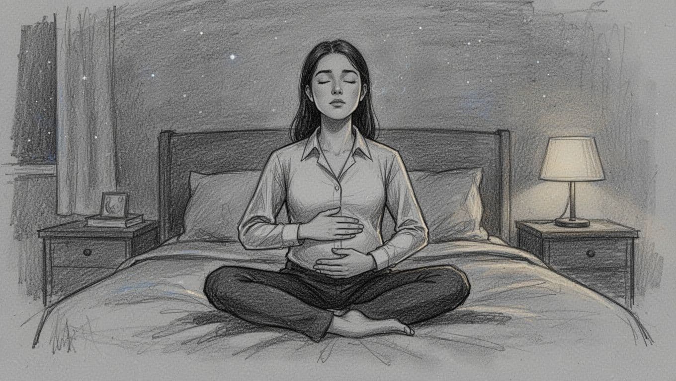 Hand-drawn graphite sketch of a young professional sitting cross-legged on a bed in a dim bedroom, eyes closed, hand on belly, practicing deep breathwork with a calm face.