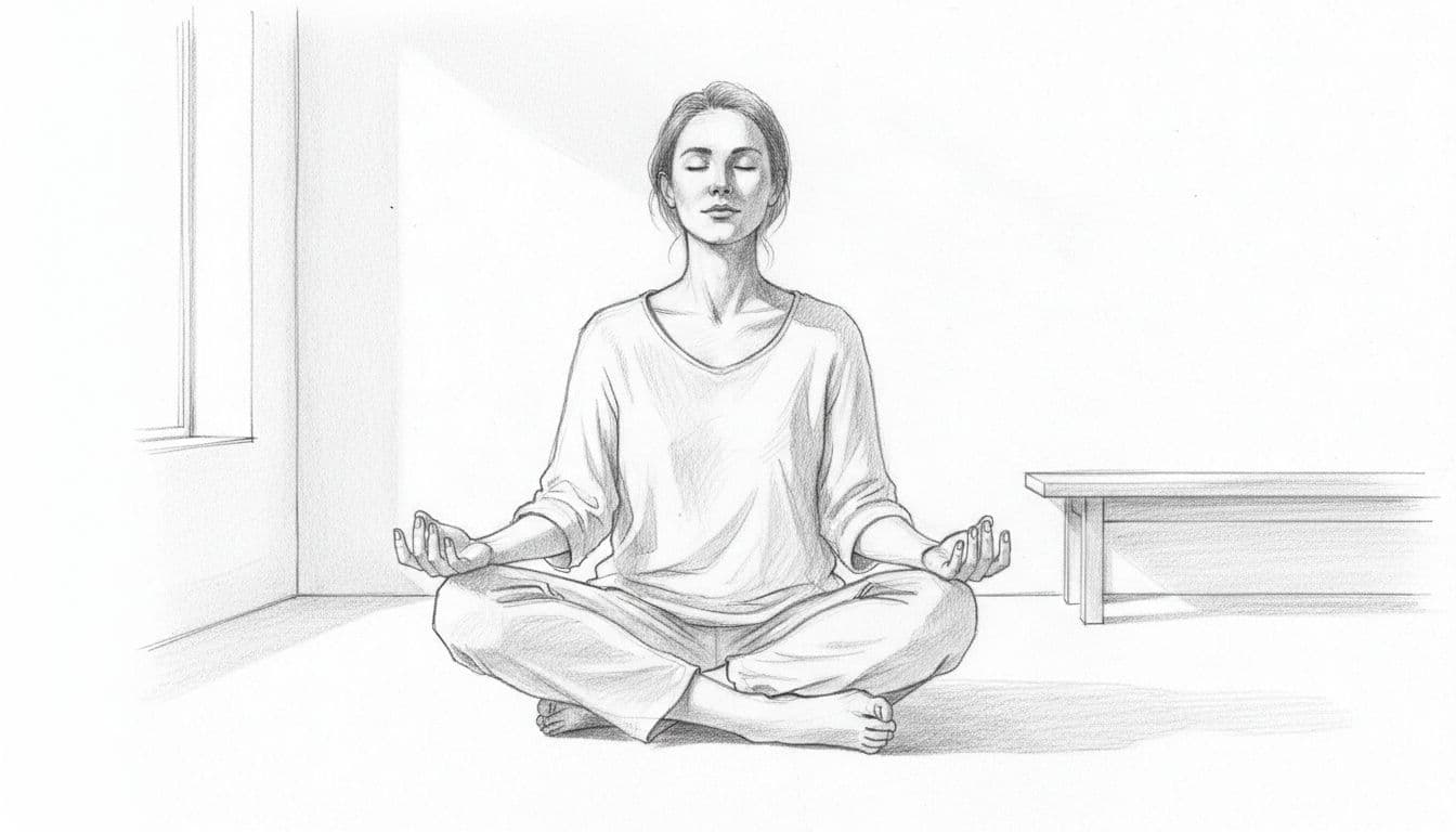 Hand-drawn graphite sketch of a single person sitting cross-legged on the floor in a simple room, eyes closed, palms up on knees in a deep breathing pose for relaxation. Soft natural light from a window illuminates the minimal space on clean white paper.