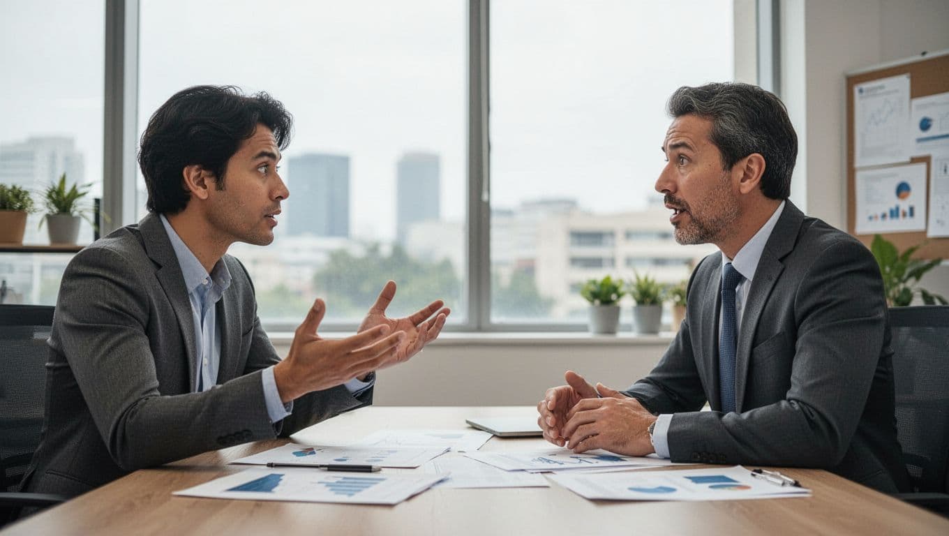 Professional leader attentively listening to a team member explaining a problem with gestures in a bright office, leader showing curious and open expression, realistic style with soft natural lighting.