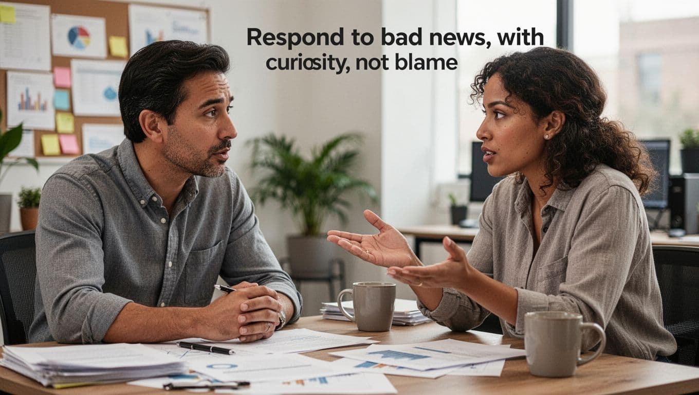 A manager in a casual office listens intently with curiosity and support to an employee gesturing about a problem, with desk papers and coffee mug in soft natural light.