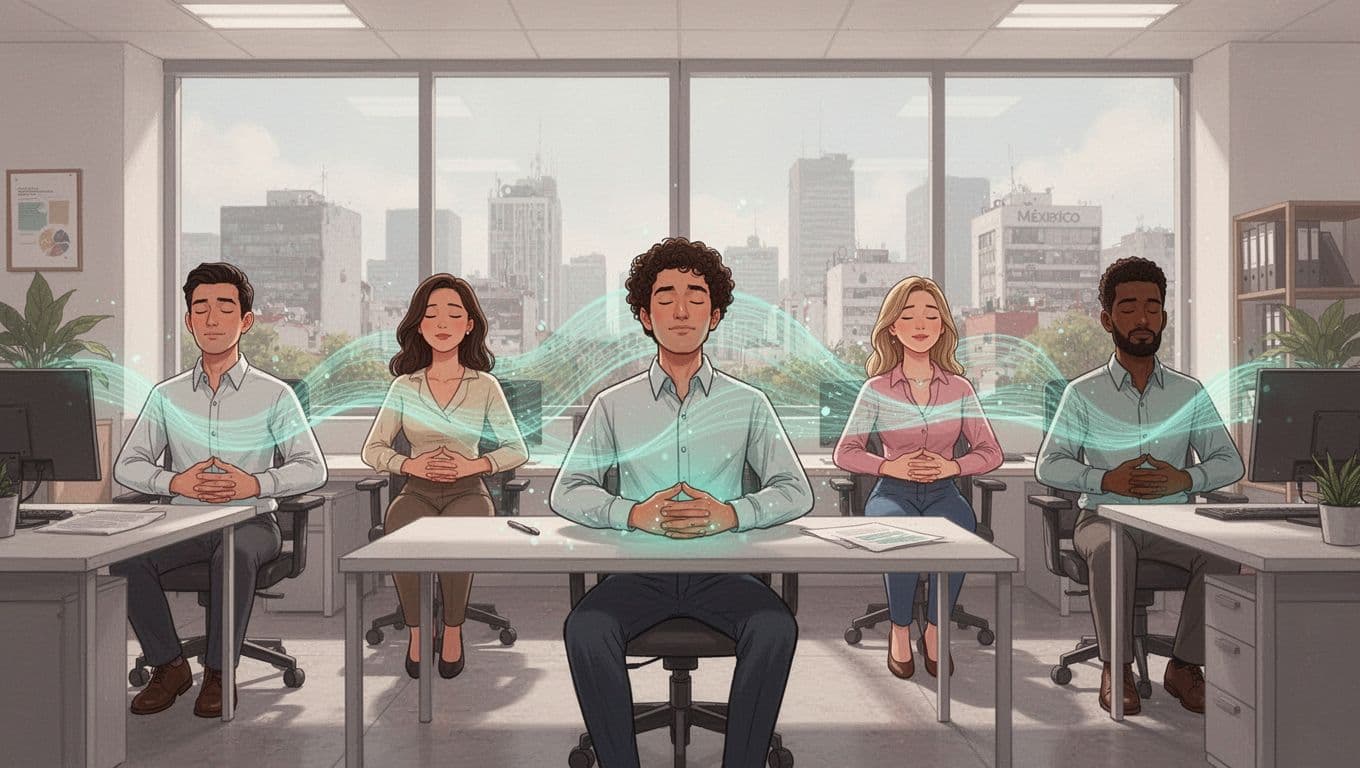 Ilustración moderna de un equipo diverso de cinco personas en customer success, sentadas en escritorios de una oficina abierta en CDMX, practicando una micro-pausa guiada de respiración con ojos cerrados y manos en el abdomen, en un ambiente relajado con vistas urbanas.
