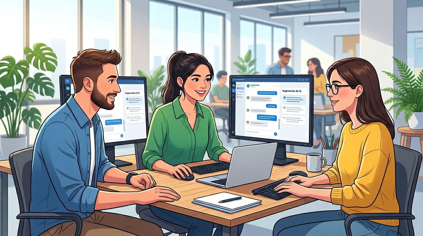 Smiling customer support agent reviewing AI response suggestions on screens, with two colleagues in a bright open office, modern clean illustration style featuring one laptop and two monitors.