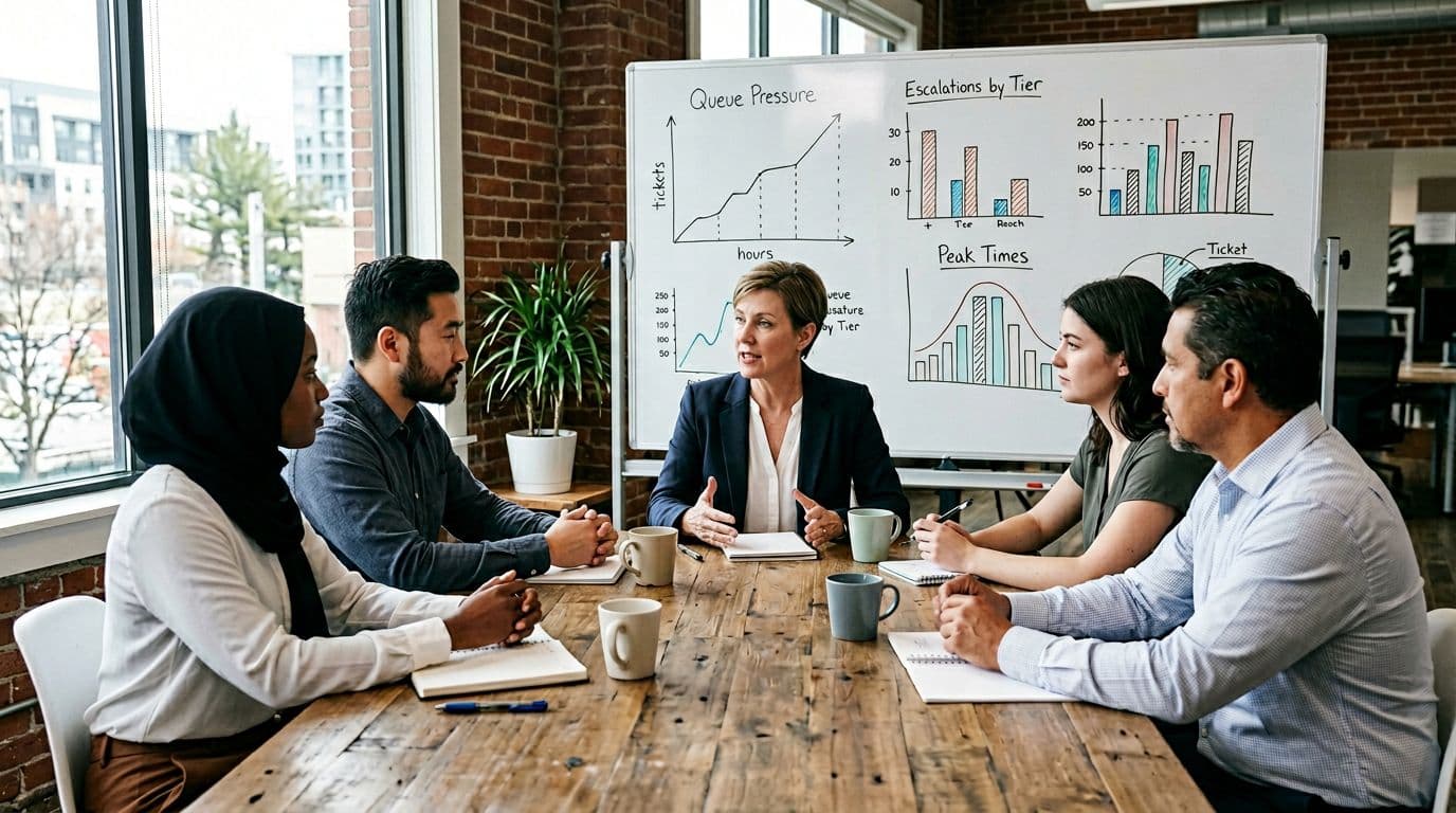 Diverse group of five customer support agents and manager in a collaborative conference room meeting, discussing stress triggers with whiteboard charts illustrating queue pressure and escalations, realistic style under natural daylight.