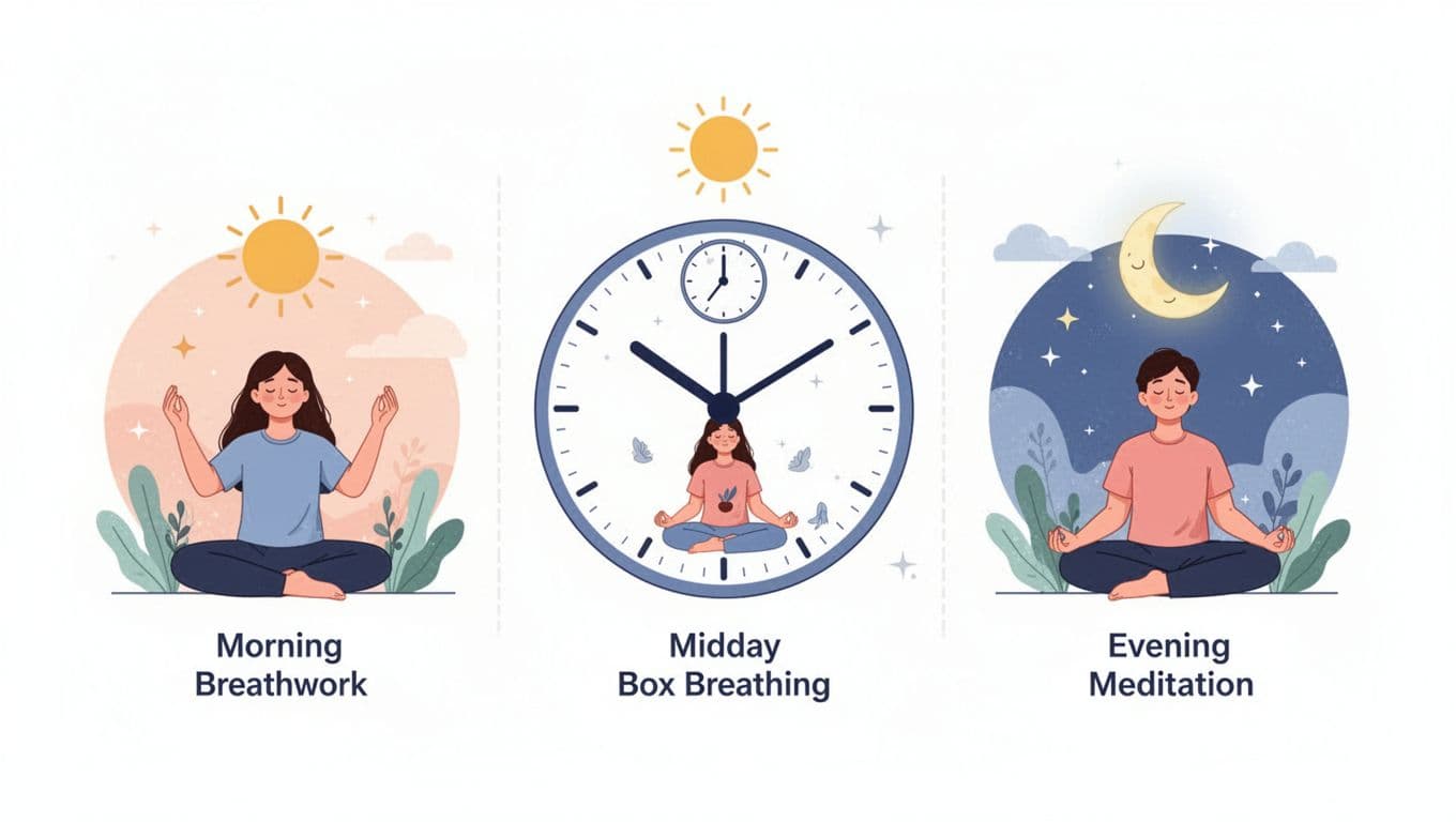Simple vector illustration of a daily routine clock showing morning breathwork with sun icon, midday box breathing with clock icon, and evening meditation with moon icon, each featuring a calm figure in clean flat design with pastel colors on white background, three balanced side-by-side scenes.