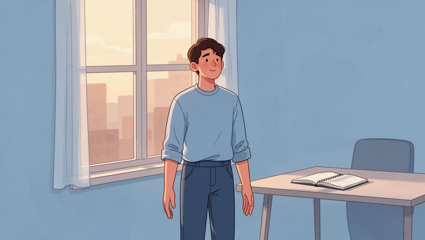 Modern illustration of one person in casual work clothes standing by a window in a home office, taking a short mindful pause with arms loose, calm expression looking outside, simple desk with notebook in background.
