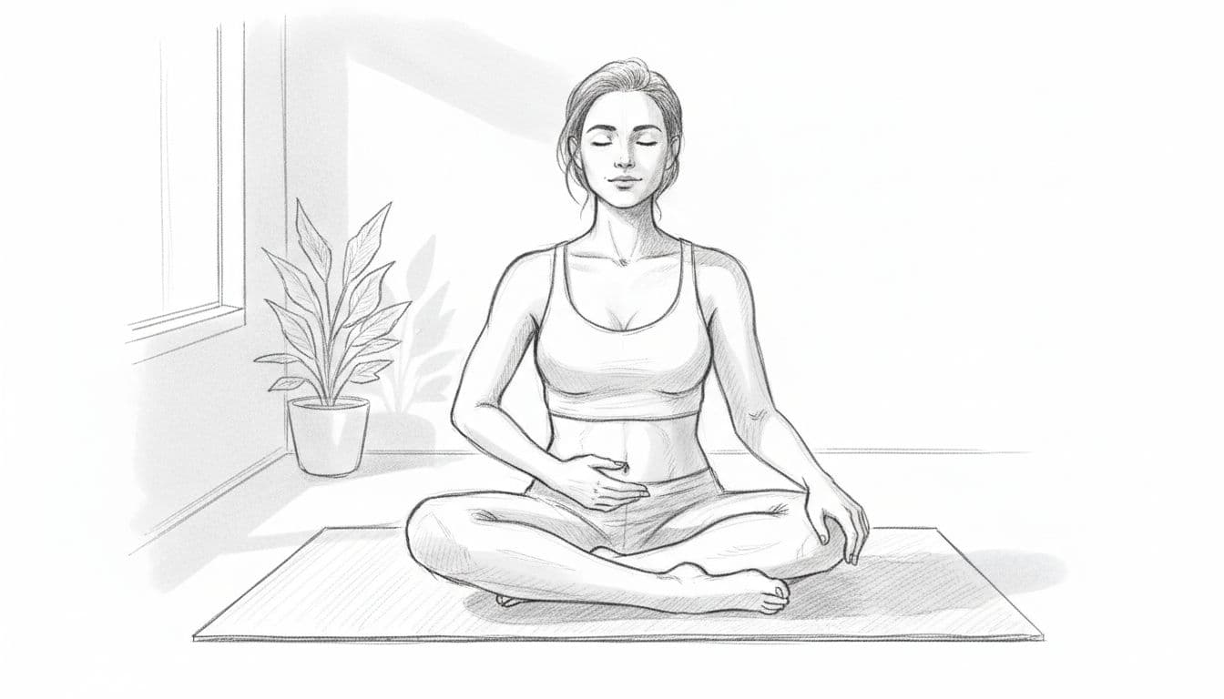 Hand-drawn graphite sketch of one person sitting cross-legged on a yoga mat in a simple bedroom, eyes closed in peaceful deep inhalation pose, one hand on belly, other on knee, morning light and plant nearby, grayscale with light shading on white background.