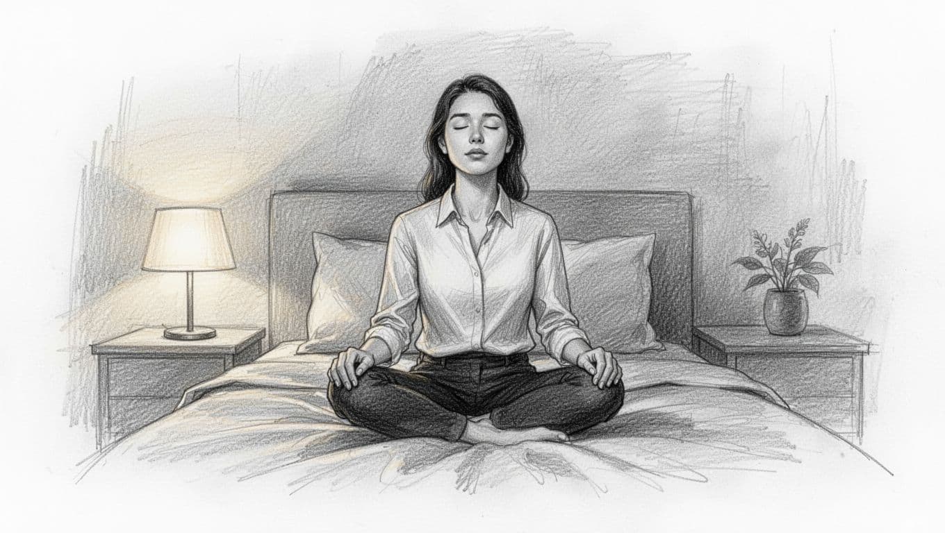A young professional sitting up in bed practicing deep breathing for relaxation before sleep, eyes closed, hands resting on knees or belly, calm serene expression, soft bedside lighting, peaceful bedroom setting at night. Hand-drawn sketch style with graphite linework, light shading, and a clean white background.