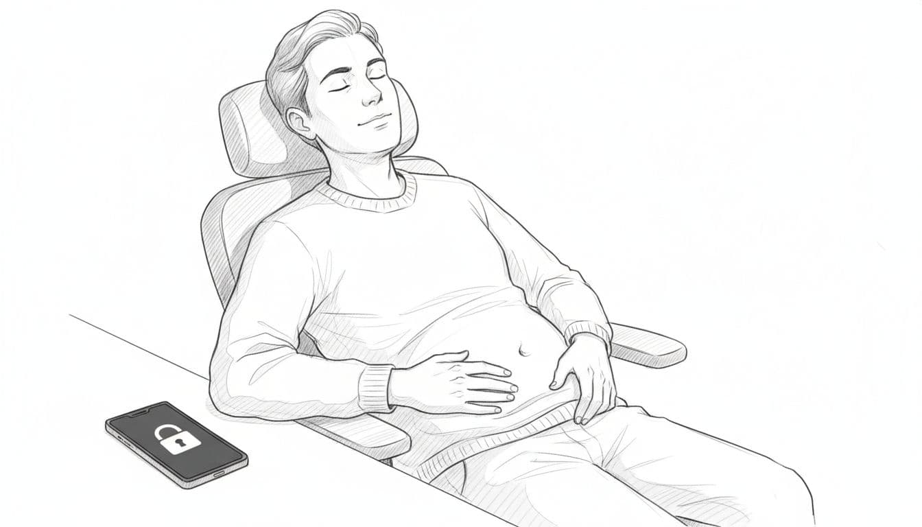 Hand-drawn sketch of a person in an office chair with eyes closed, breathing deeply hand on belly, smartphone on desk showing lock screen, calm expression after screen pause.
