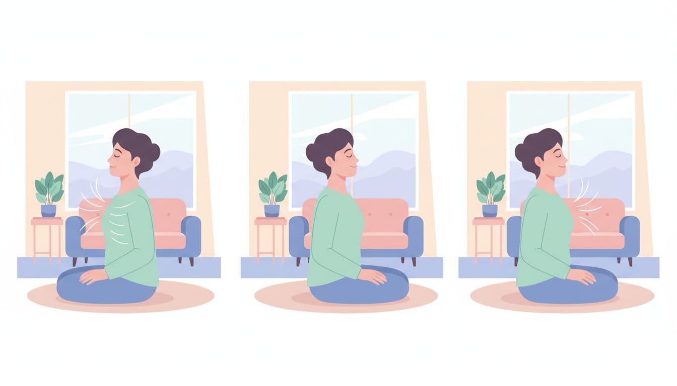 Modern illustration of the inhale phase in deep breathing exercise, showing a calm person's expanding chest in a simple home setting, side view with clean lines, soft lighting, and pastel tones.