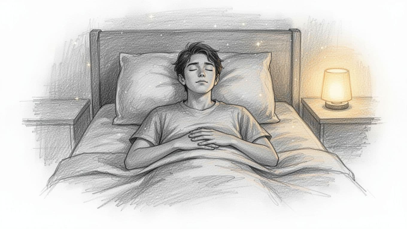 Hand-drawn grayscale sketch of a young professional lying in bed at night, eyes closed, hand gently on belly practicing deep breathing for sleep in a simple cozy bedroom.