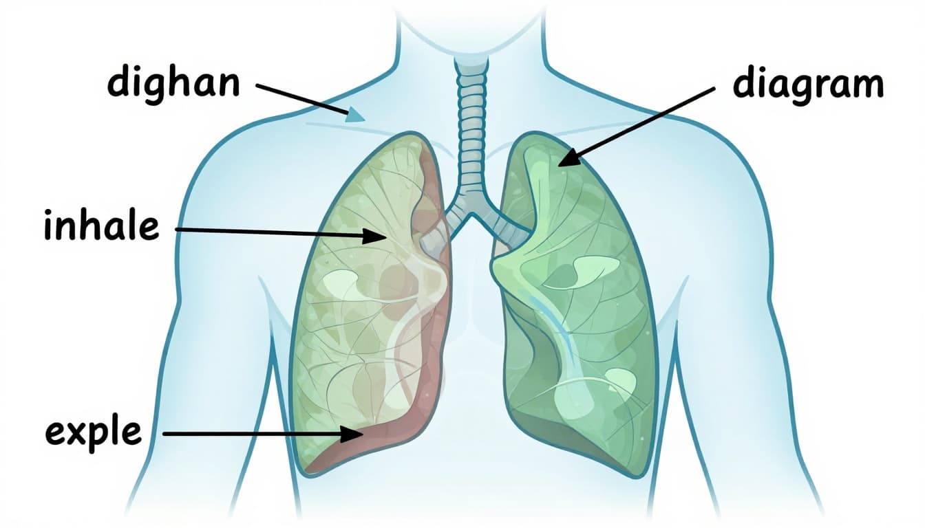 Illustration highlighting the diaphragm and lungs during slow deep belly breathing, with arrows showing air flow and labels for educational purposes.